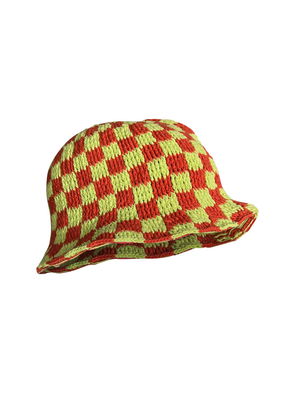 Sombrero de pescador de tablero de ajedrez de crochet en marrón/lima