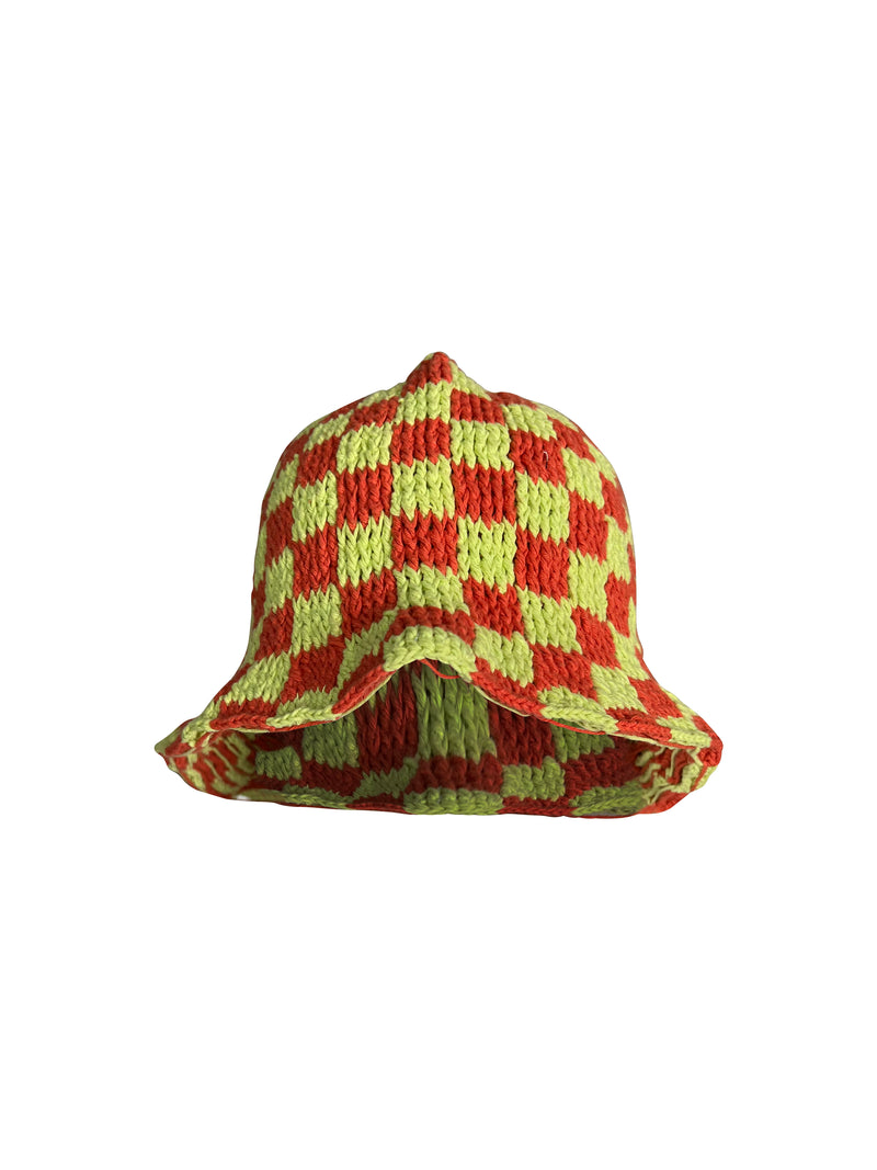 Sombrero de pescador de tablero de ajedrez de crochet en marrón/lima