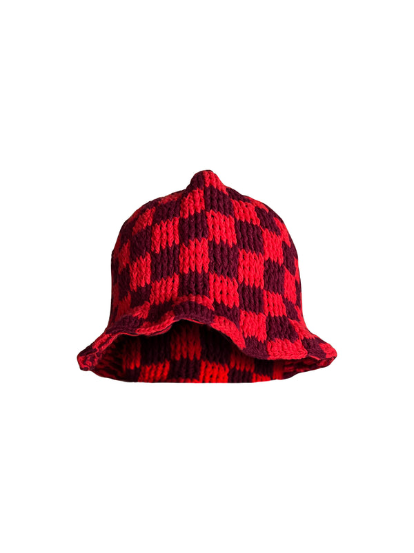 Sombrero de cubo de tablero de ajedrez de ganchillo en rojo/púrpura