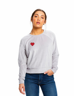 Heart Velour Crop Sweatshirt in Silver